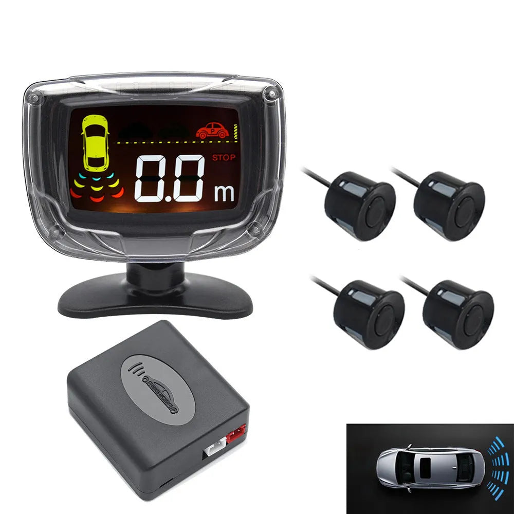 Wireless vehicle reversing sensor kit with main unit, four black probes, LED display, and installation tools.