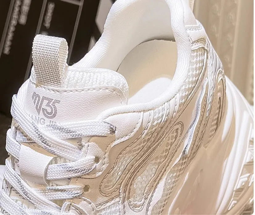 White women's height increasing dad shoes with lace-up closure and round toe design