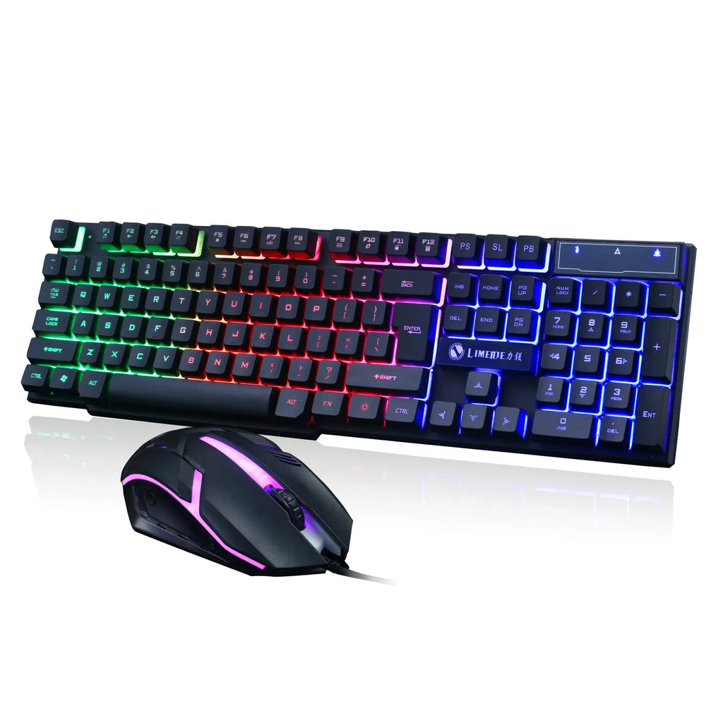Limei GTX300 gaming keyboard and mouse set showing 104-key keyboard with RGB lighting in four colour variants