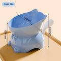 Stainless steel oblique anti-fall cat bowl shown in blue, pink, yellow, and black colour options.
