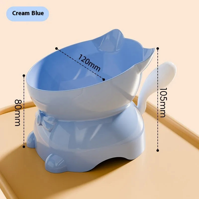 Stainless steel oblique anti-fall cat bowl shown in blue, pink, yellow, and black colour options.
