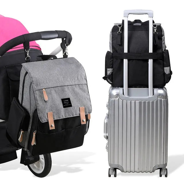 LAND Mommy MPB86 large grey oxford cloth diaper backpack with shoulder straps and changing mat.