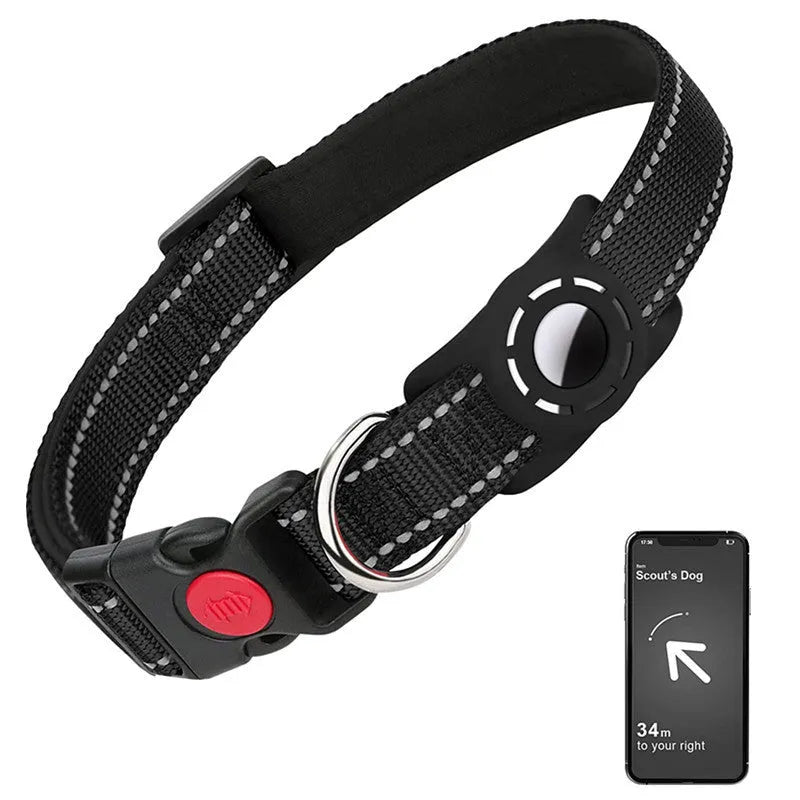 Reflective nylon dog collar with diving cloth tracker cover, in black, shown with adjustable buckle and four size options
