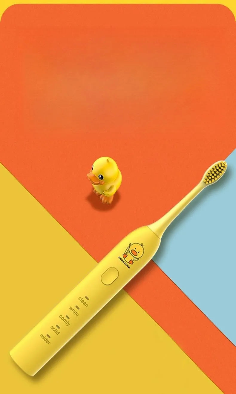 Yellow rechargeable smart electric toothbrush with soft bristles and a small duck design.