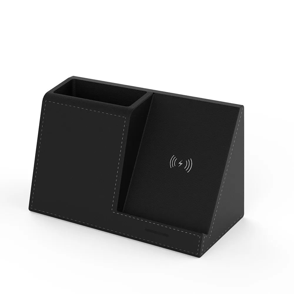 Black leather desk organiser with wireless phone charger and pen holder slot