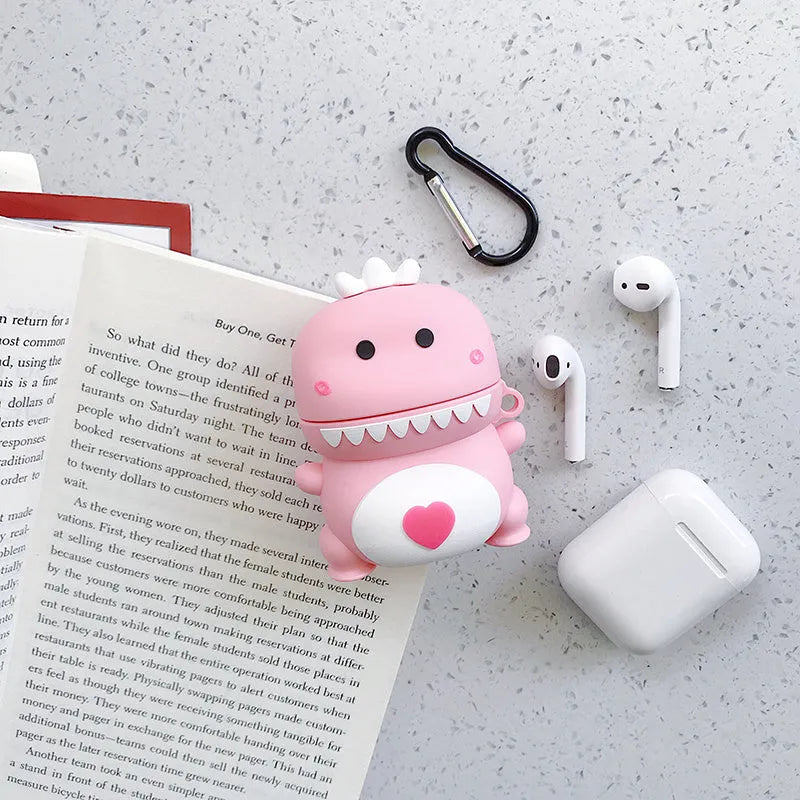 Silicone protective case with cartoon animal design compatible with Apple AirPods 1 and 2 in various colours