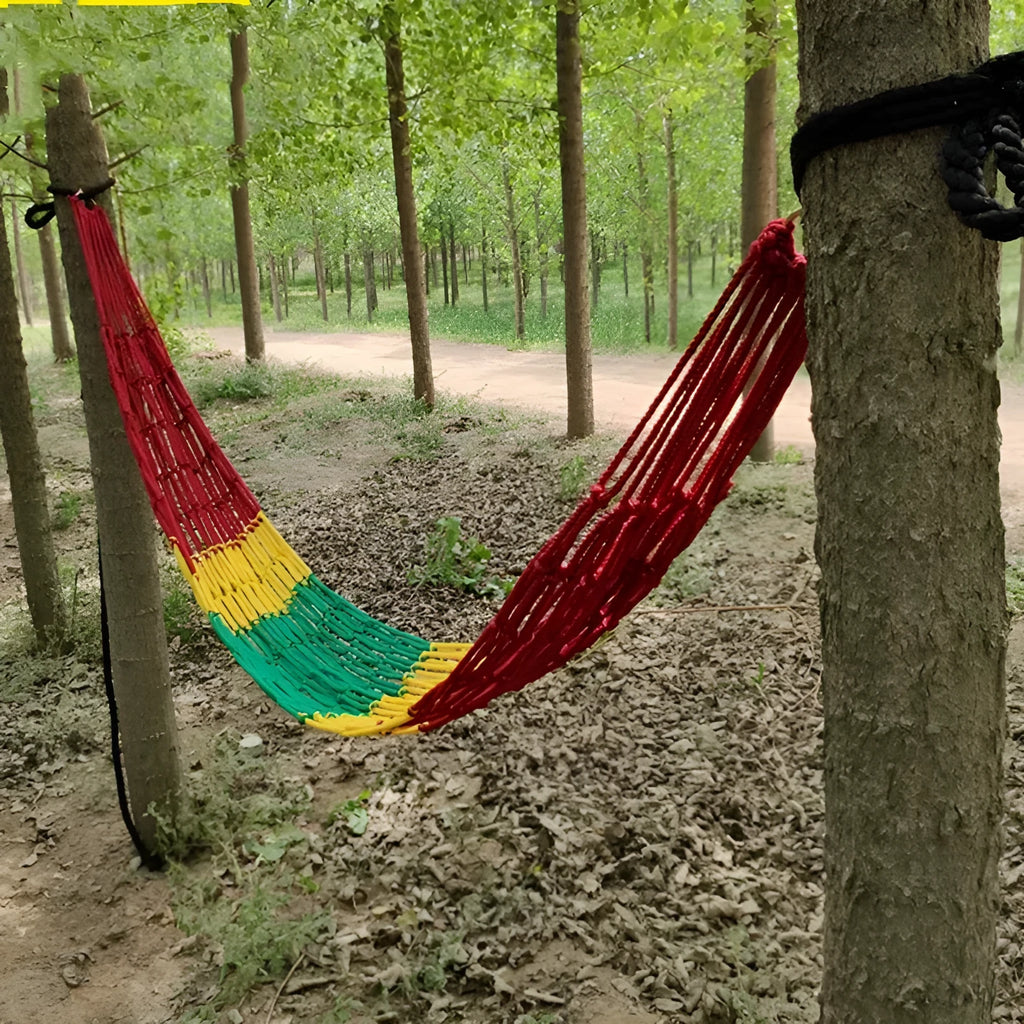 Nylon rope mesh hammock measuring 1.1 metres wide by 2.1 metres long with rope ties