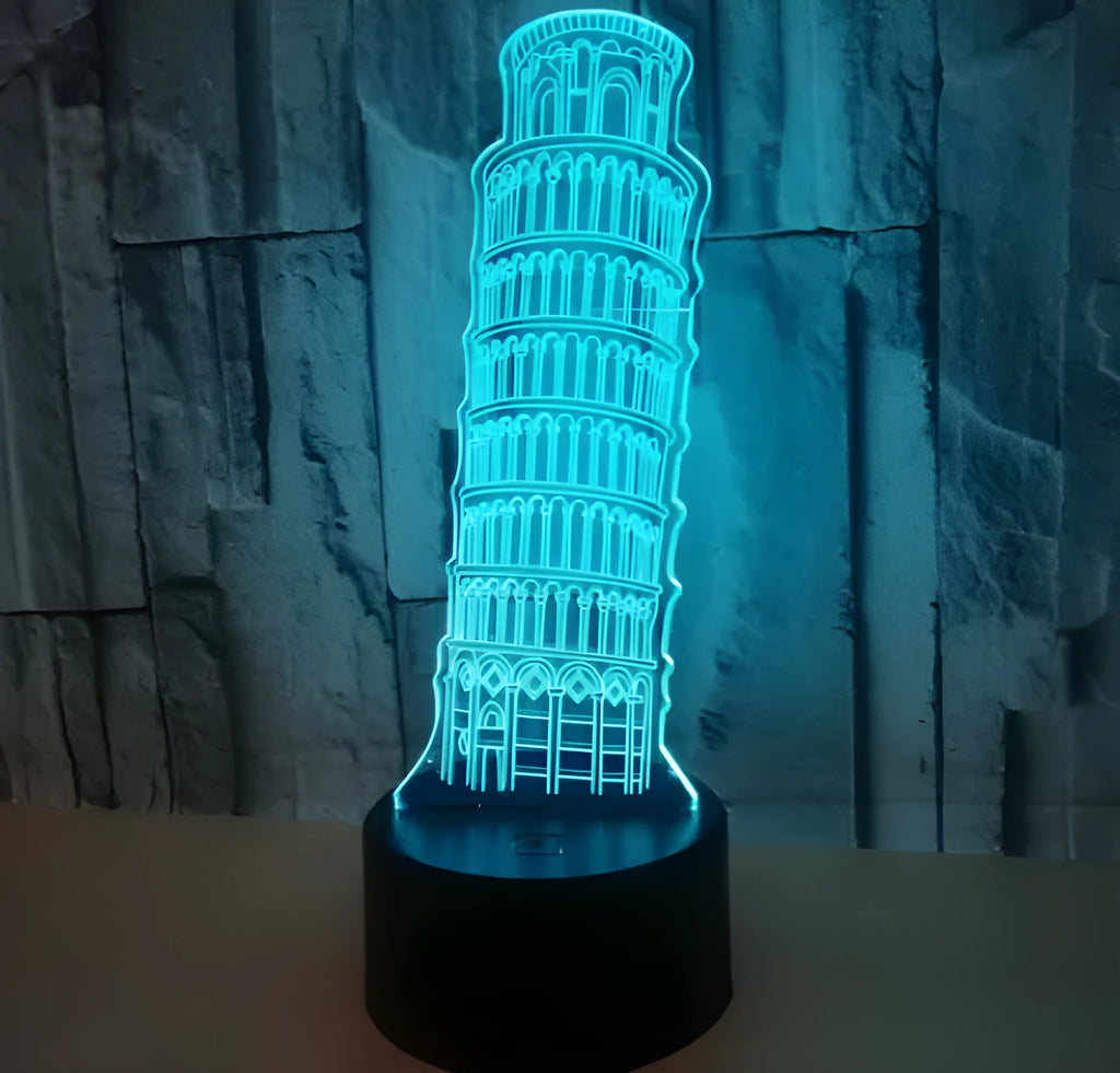 3D Leaning Tower of Pisa acrylic nightlight on black base with multi-colour LED illumination.