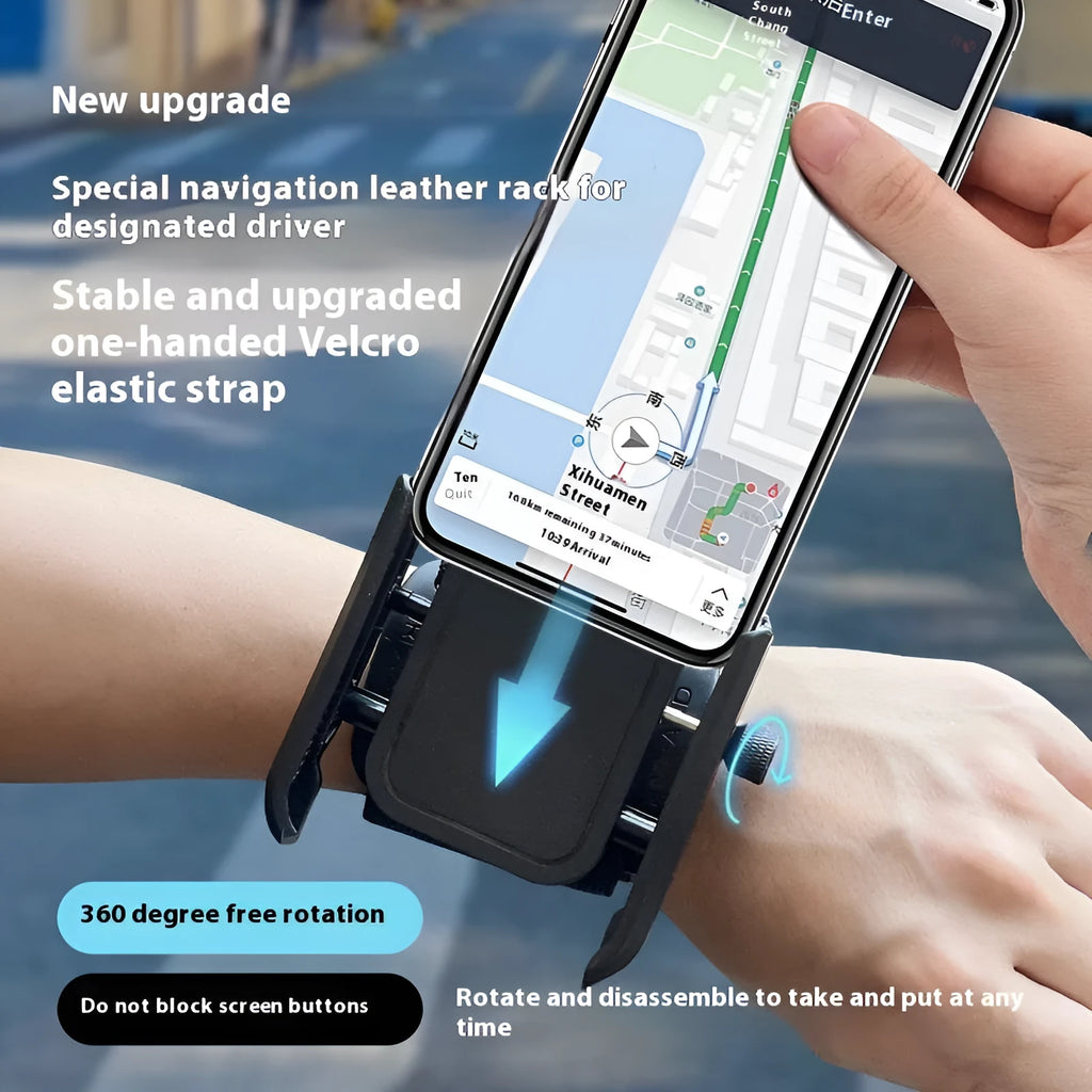 Universal plastic arm and wrist mobile phone bracket for outdoor running and sports, shown as a fixed phone stand.