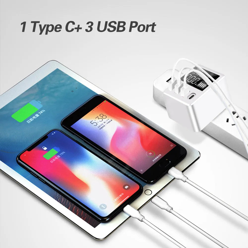 White A9T four-port USB travel wall charger with LED display and a UK three-pin plug.