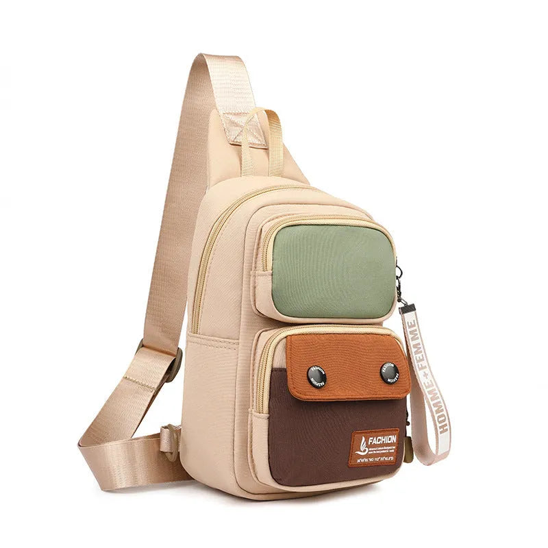Outdoor nylon crossbody shoulder bag with letter pattern in black, beige contrast, or light brown contrast colour.