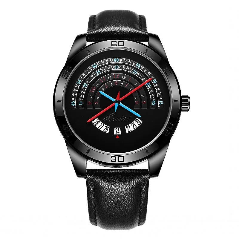 Men's sports wristwatch with black leather strap, 42mm alloy case, stainless steel buckle, 10mm dial