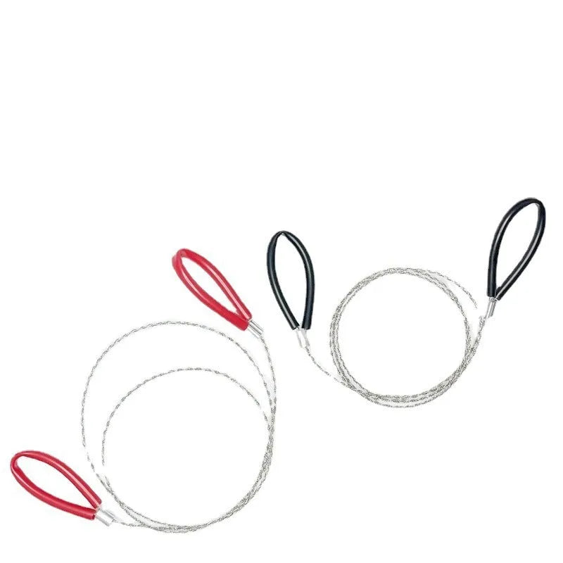 German stainless steel survival wire saw coiled to show compact size with black handles
