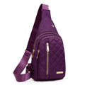 A girl's crossbody sports chest bag in Oxford cloth, shown in a choice of colours including black, dark blue, red, purple, and pink.