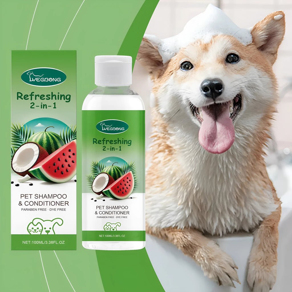 100ml bottle of pet 2-in-1 shampoo and fragrance shower gel with watermelon and coconut extracts.