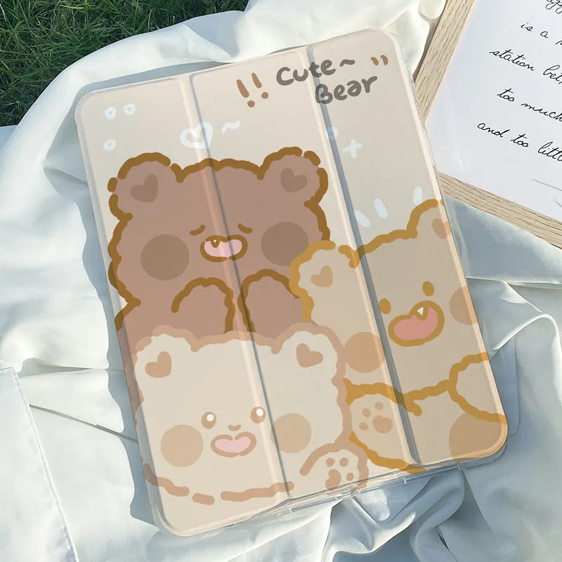 Silicone iPad case with cartoon rabbit pattern folded into viewing stand position