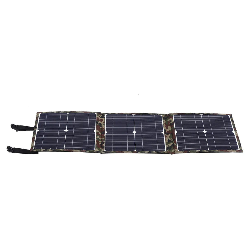 Black foldable 36W portable solar panel unfolded, showing its solar cells and included car charger and USB accessories.