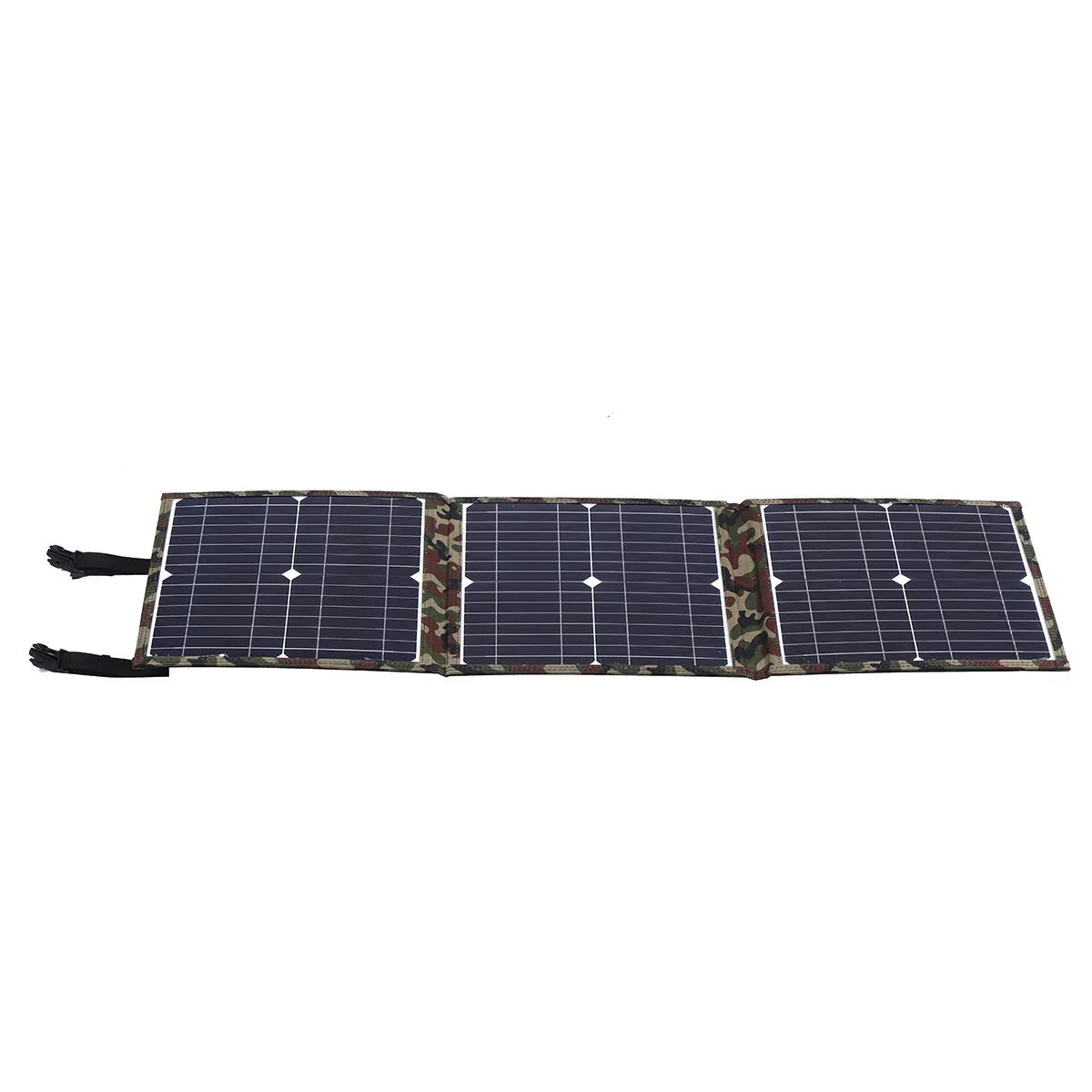 Black foldable 36W portable solar panel unfolded, showing its solar cells and included car charger and USB accessories.