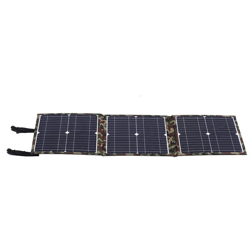 Black foldable 36W portable solar panel unfolded, showing its solar cells and included car charger and USB accessories.