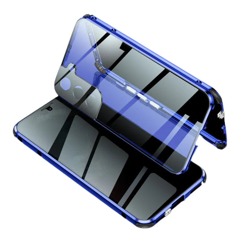 Black anti-peeping magnetic clamshell phone case for Samsung phones shown closed.