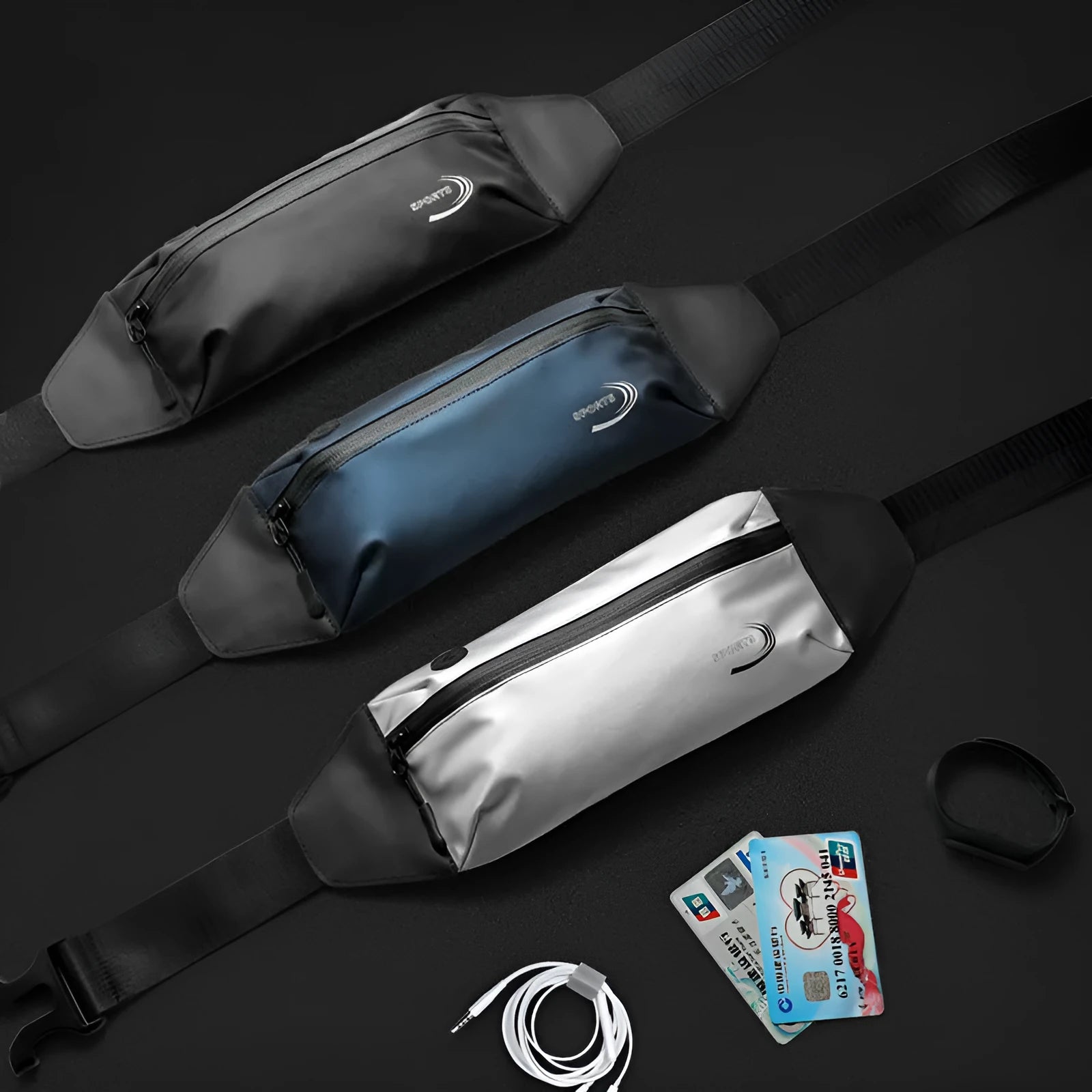 Men's blue waterproof waist bag made of Derm Oxford polyester with dimensions 45cm by 10cm.