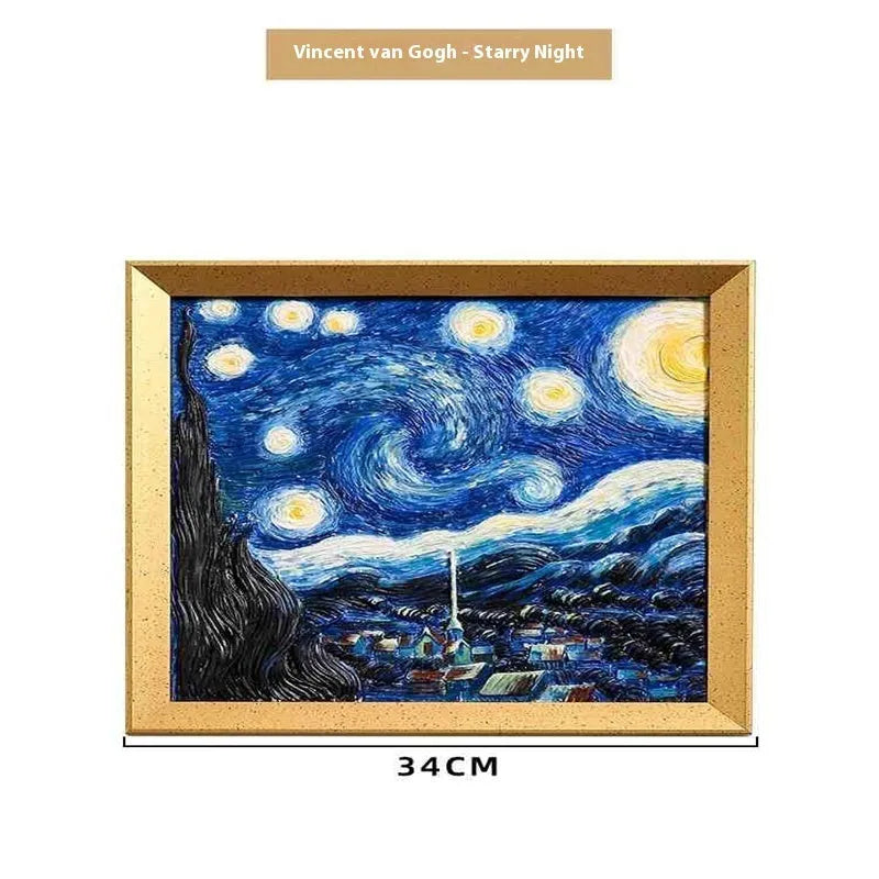 DIY oil painting by numbers kit showing framed Van Gogh Starry Night artwork with brushes and paints