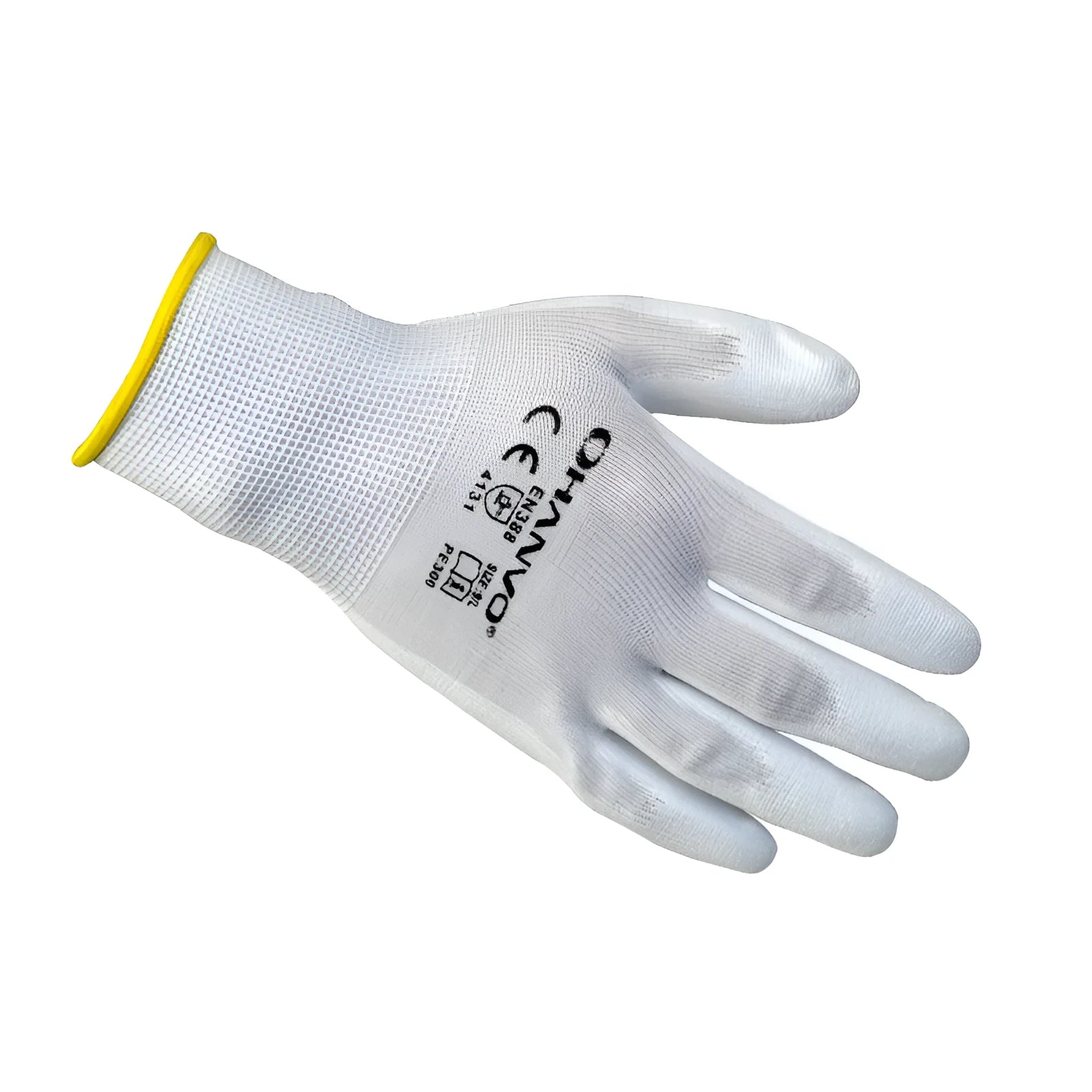 White PU coated labour gloves showing length and flexible construction