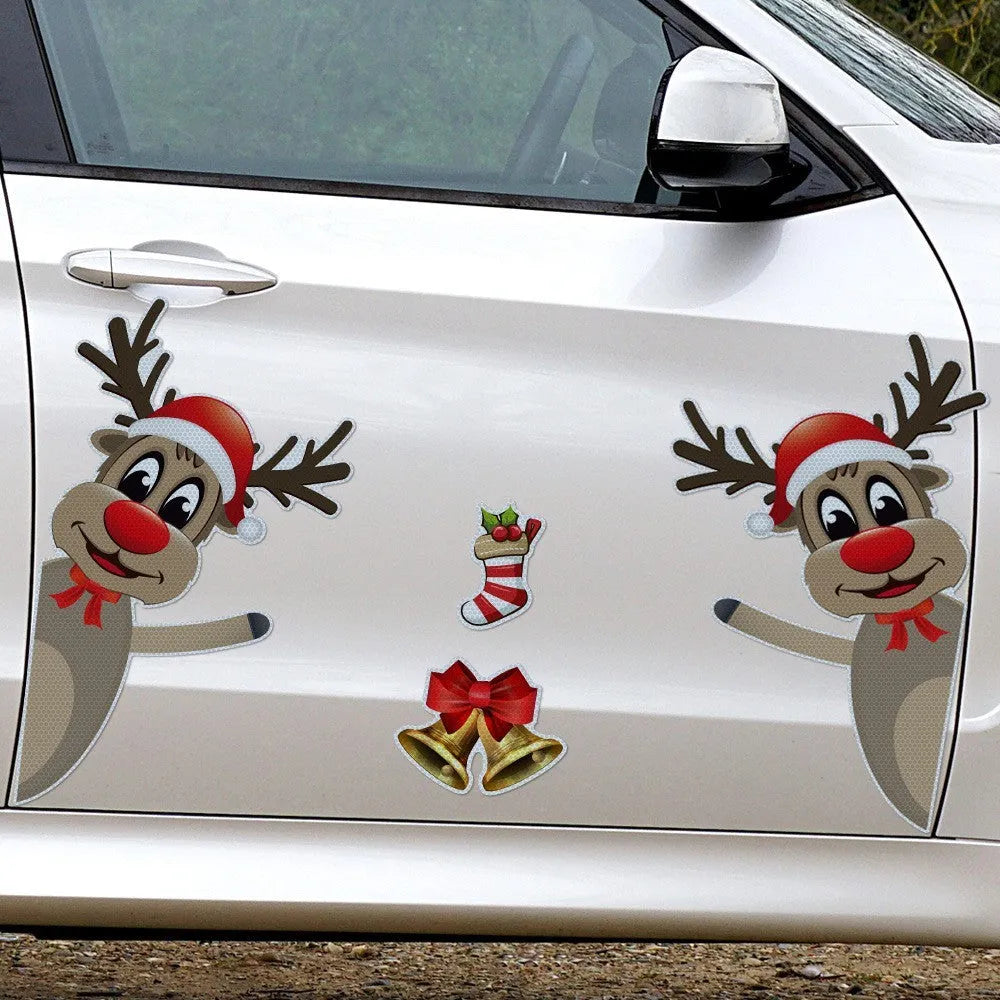 Cartoon Christmas elk bell design magnetic car bumper sticker with luminous reflective finish.