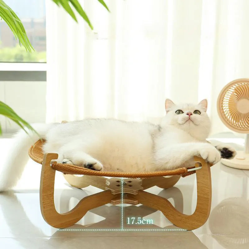 Brown woven rattan pet hammock bed measuring 46cm square with 17.5cm height elevation