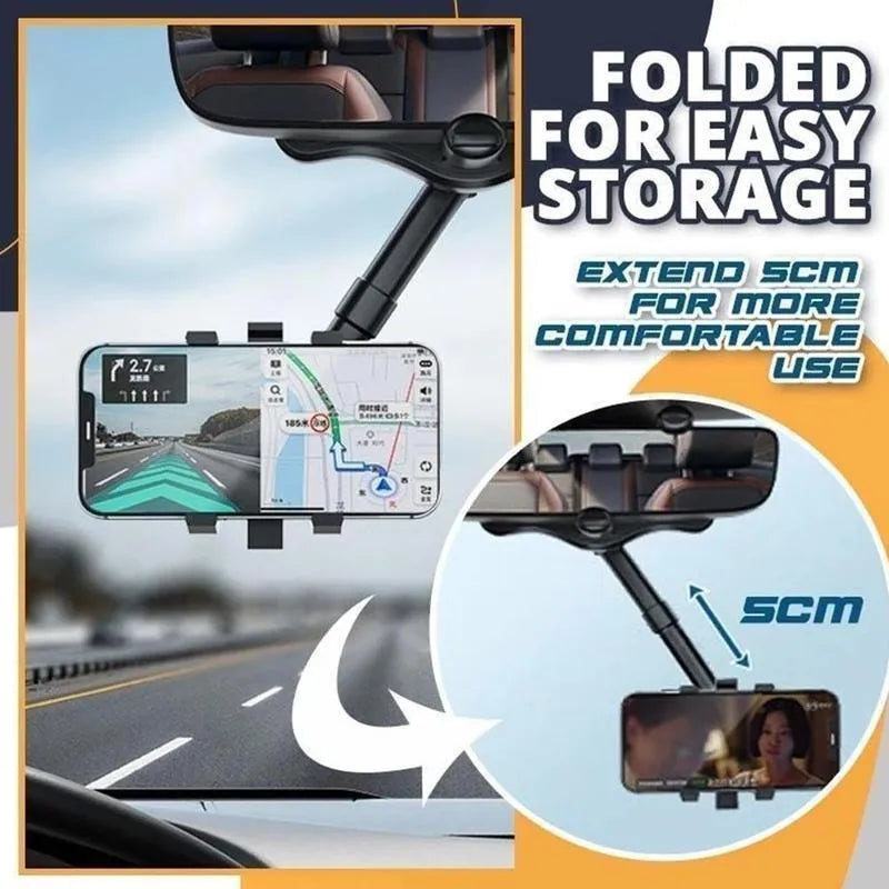 Black rearview mirror phone holder with 360 degree rotation and retractable arm for car mounting