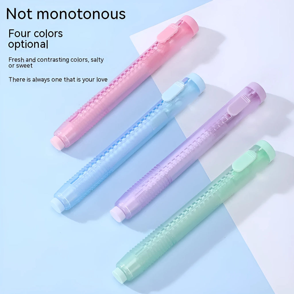 Blue automatic push-type pencil eraser showing extended tip, with Green, Pink, Purple options.