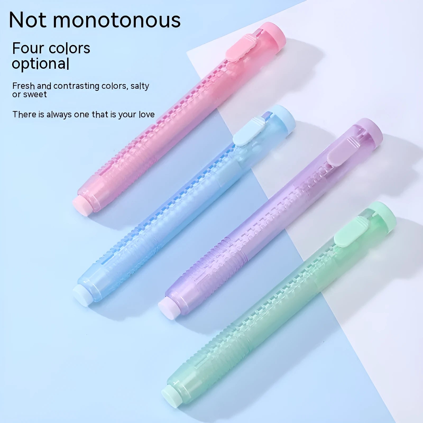 Blue automatic push-type pencil eraser showing extended tip, with Green, Pink, Purple options.