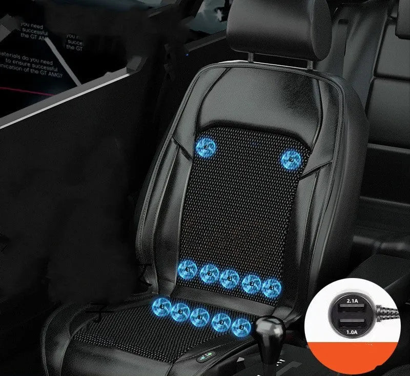 Car seat cooling cushion with ventilation grid and fan unit, shown in black colour
