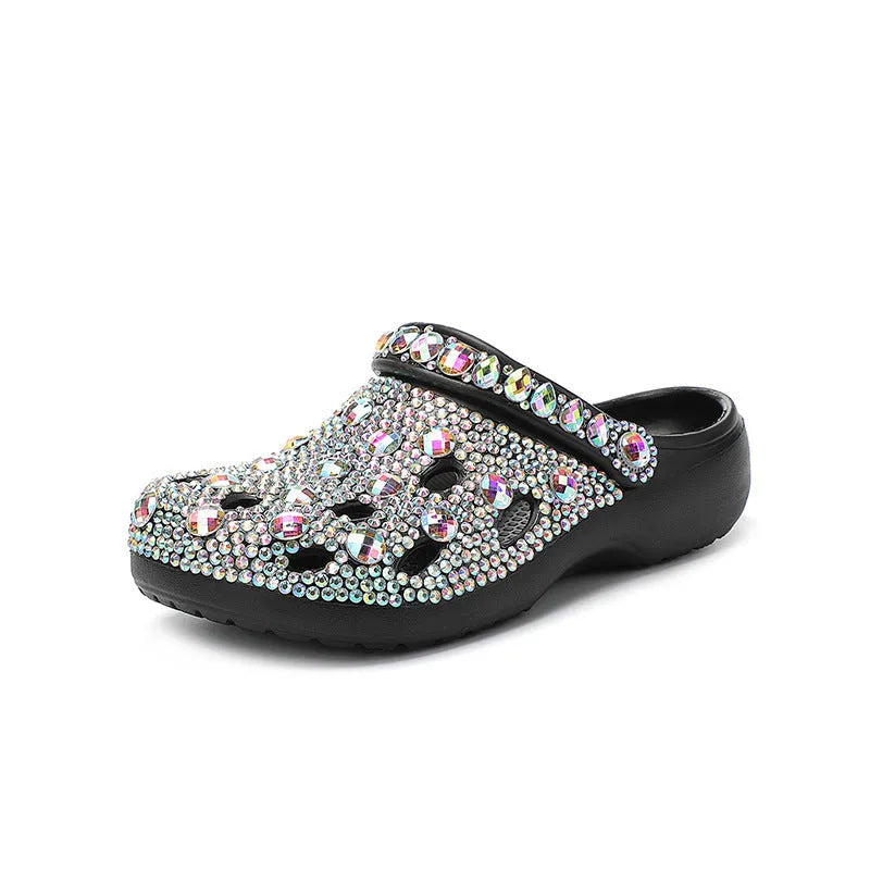 Black platform sandals with rhinestone decoration and hole shoes design for women