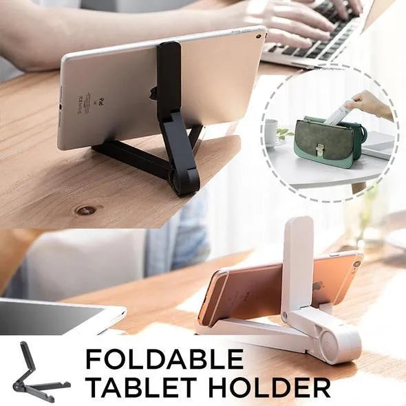 Black foldable tablet holder displaying smartphone at adjustable angle on desk