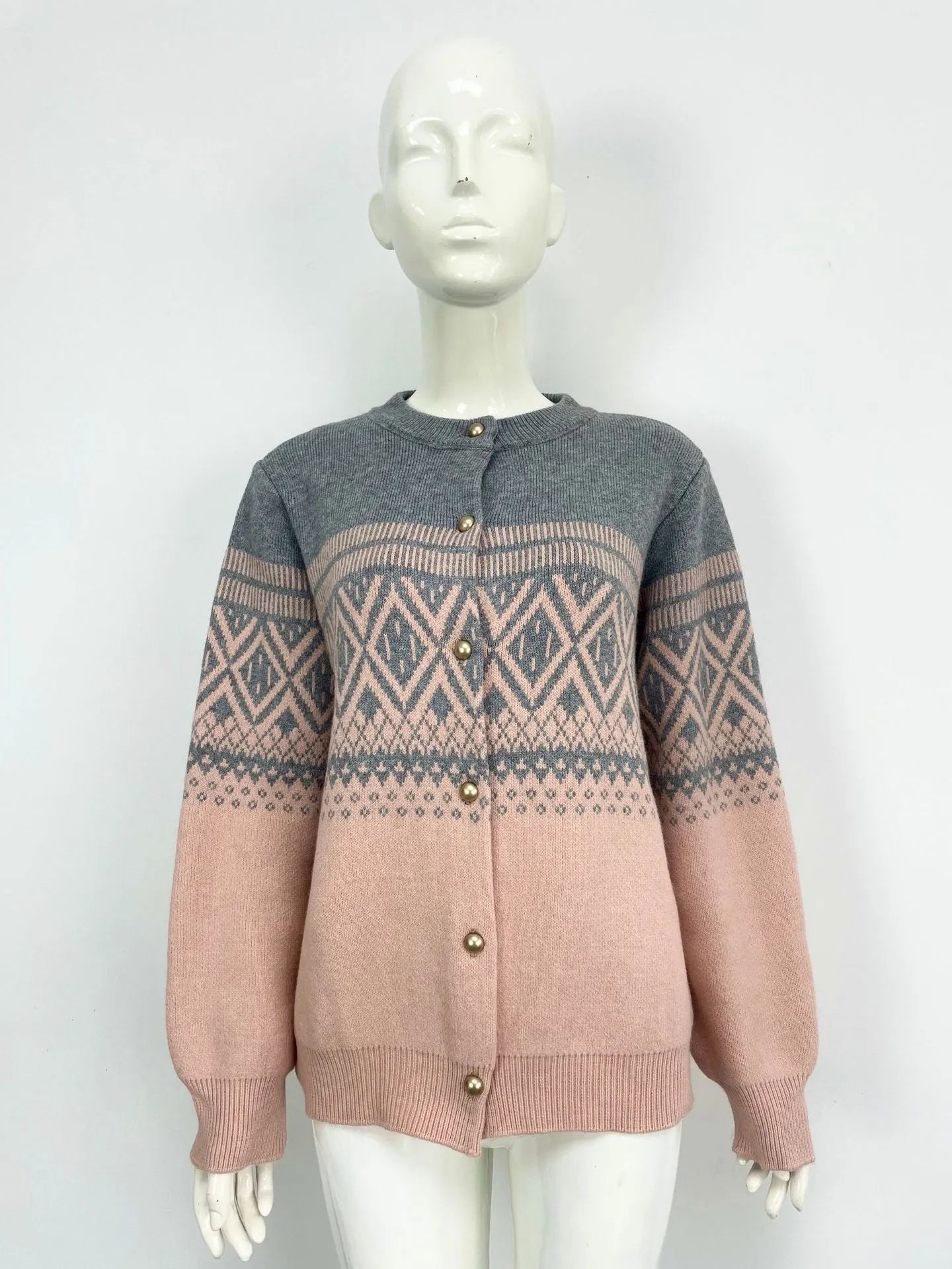 Women's red alpaca wool cardigan with grey contrast sleeves and diamond knit pattern