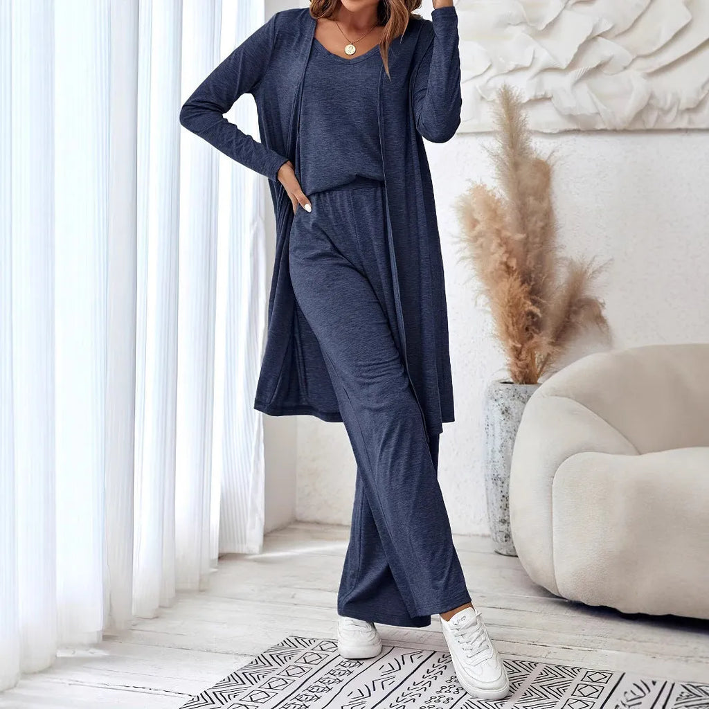 Women's blue three-piece casual suit with long cardigan, sling top, and trousers in Japanese-Korean style