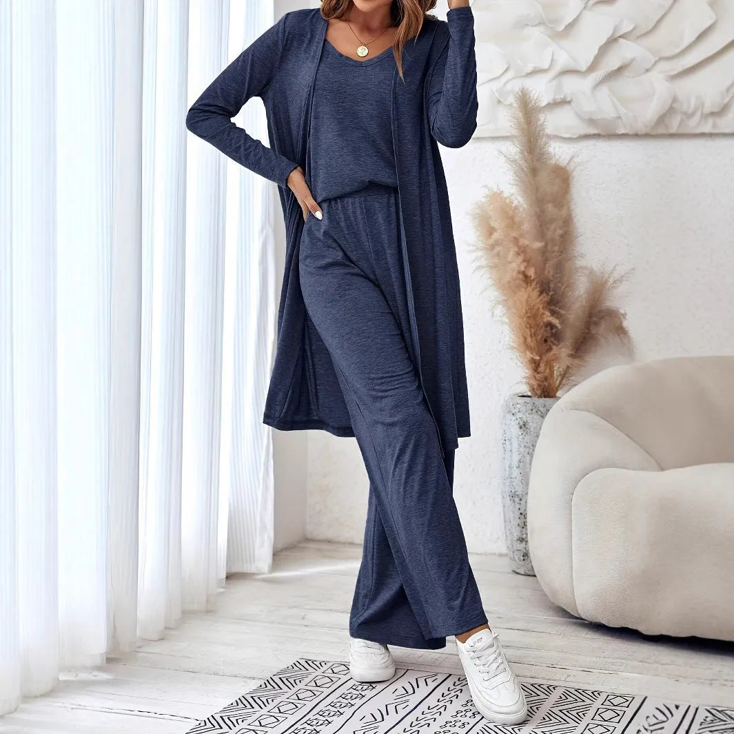 Women's blue three-piece casual suit with long cardigan, sling top, and trousers in Japanese-Korean style