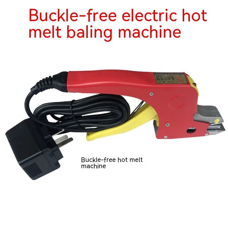Portable electric hot melt packing machine with plastic steel tensioner and yellow strapping tape.