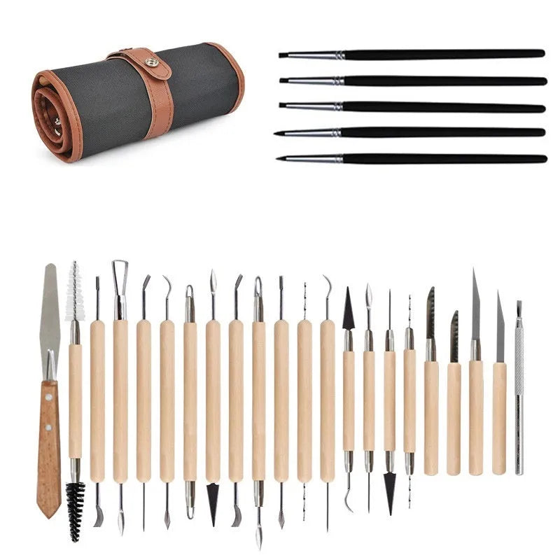 27-piece brown pottery clay tool set with stainless steel, wooden and plastic tools rolled in an OPP storage bag