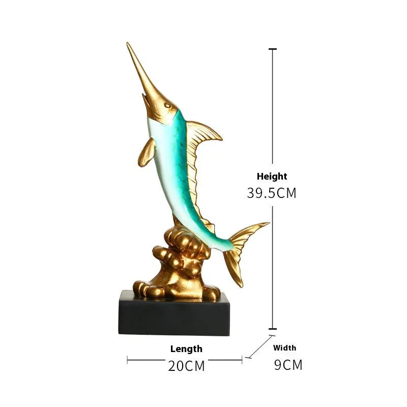 Detailed resin European swordfish decoration in a choice of four colours on a shelf.