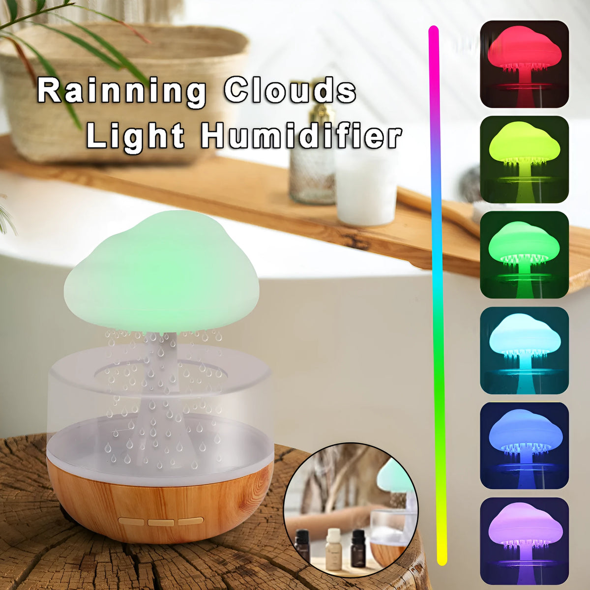 White cloud-shaped humidifier with changing colour lights and water drop display for essential oil diffusion