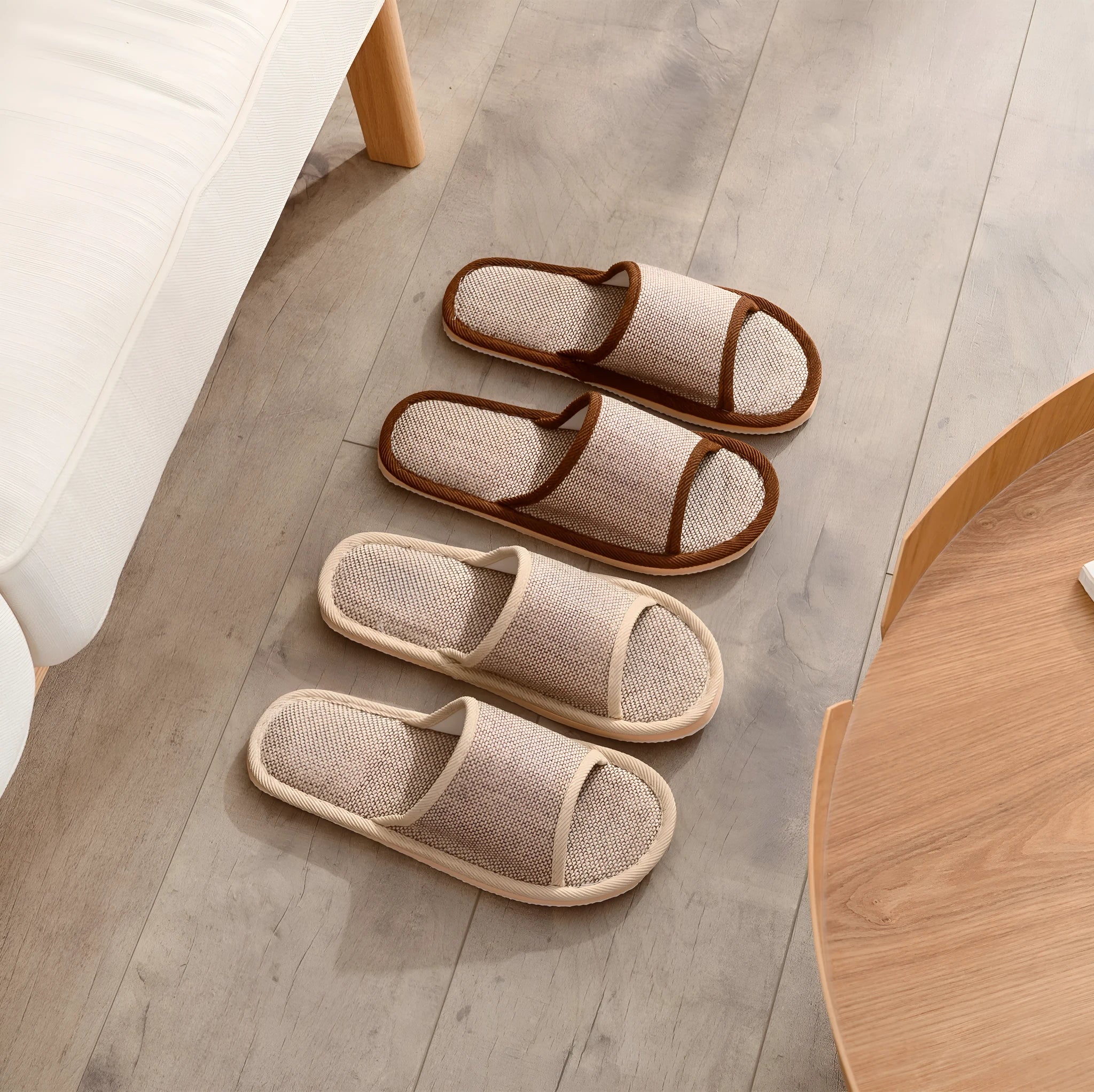 Women's linen open toe slippers in dark coffee and light brown with thickened sole