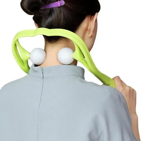 Plastic hand-held neck and shoulder massage roller in blue, with adjustable stand and 3D floating-point massage head.