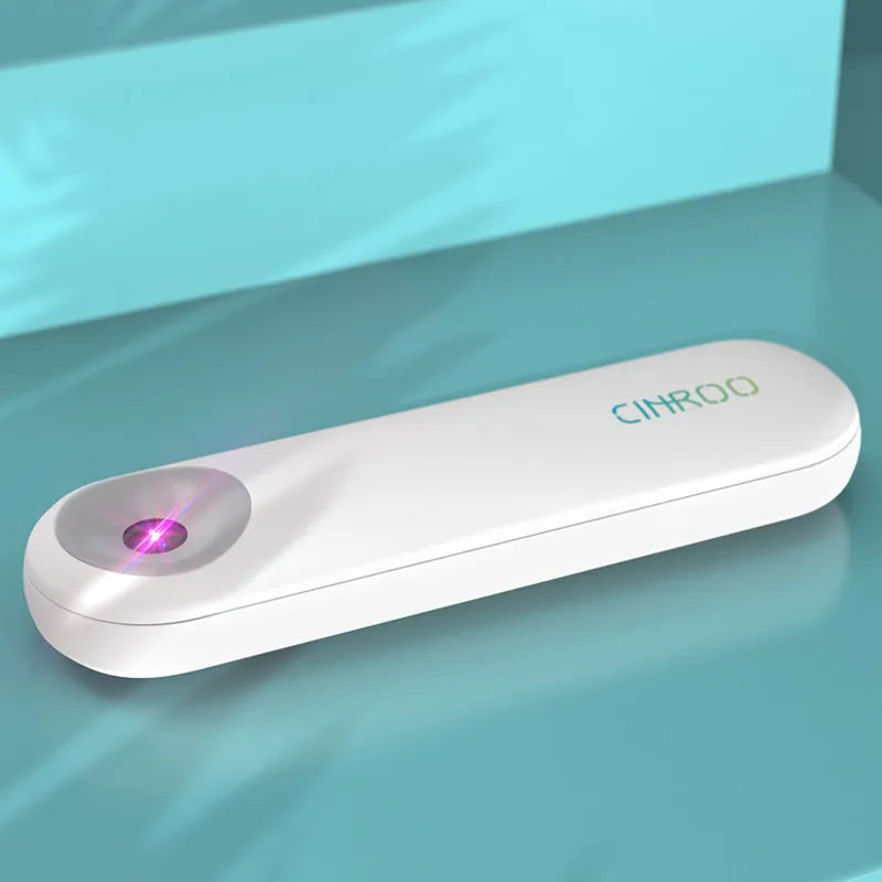 White portable ultraviolet sterilizer lamp showing compact dimensions with disinfection light angle indicator