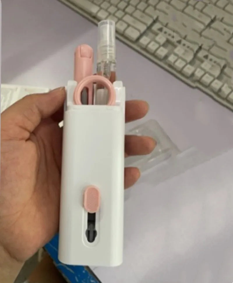 Multifunctional cleaning pen set with keycap puller, screen spray, and retractable brush in ABS, 60x130x15mm