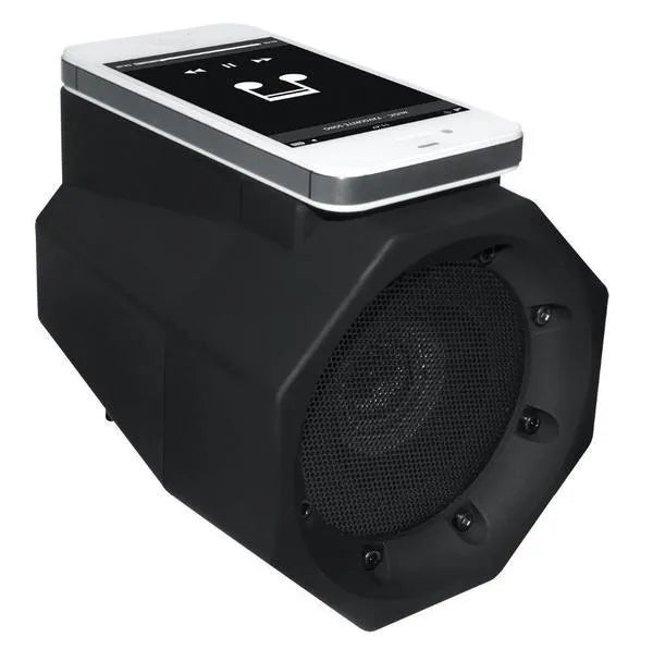 Black portable speaker with USB and 3.5mm jack, 3W output, built-in battery, 122x100x100mm plastic shell