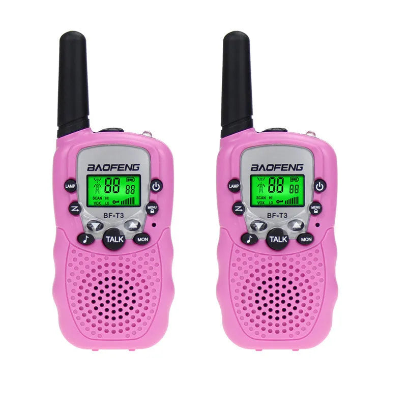 Children's walkie talkie set in various colours showing handheld design with antenna and channel selector