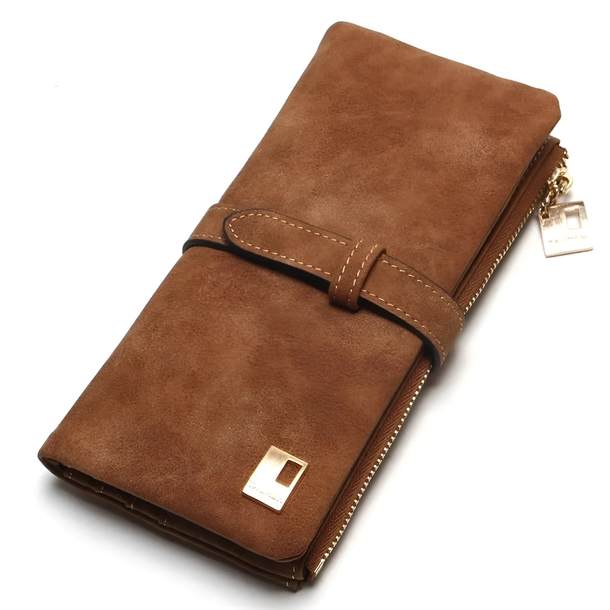 Long retro matte PU leather women's wallet open to show card slots and zip compartment.