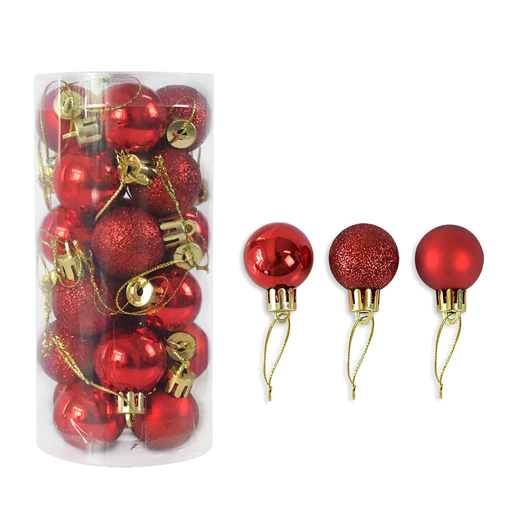 Assorted gold, red, silver, and blue plastic electroplated Christmas baubles in 3cm and 6cm sizes.